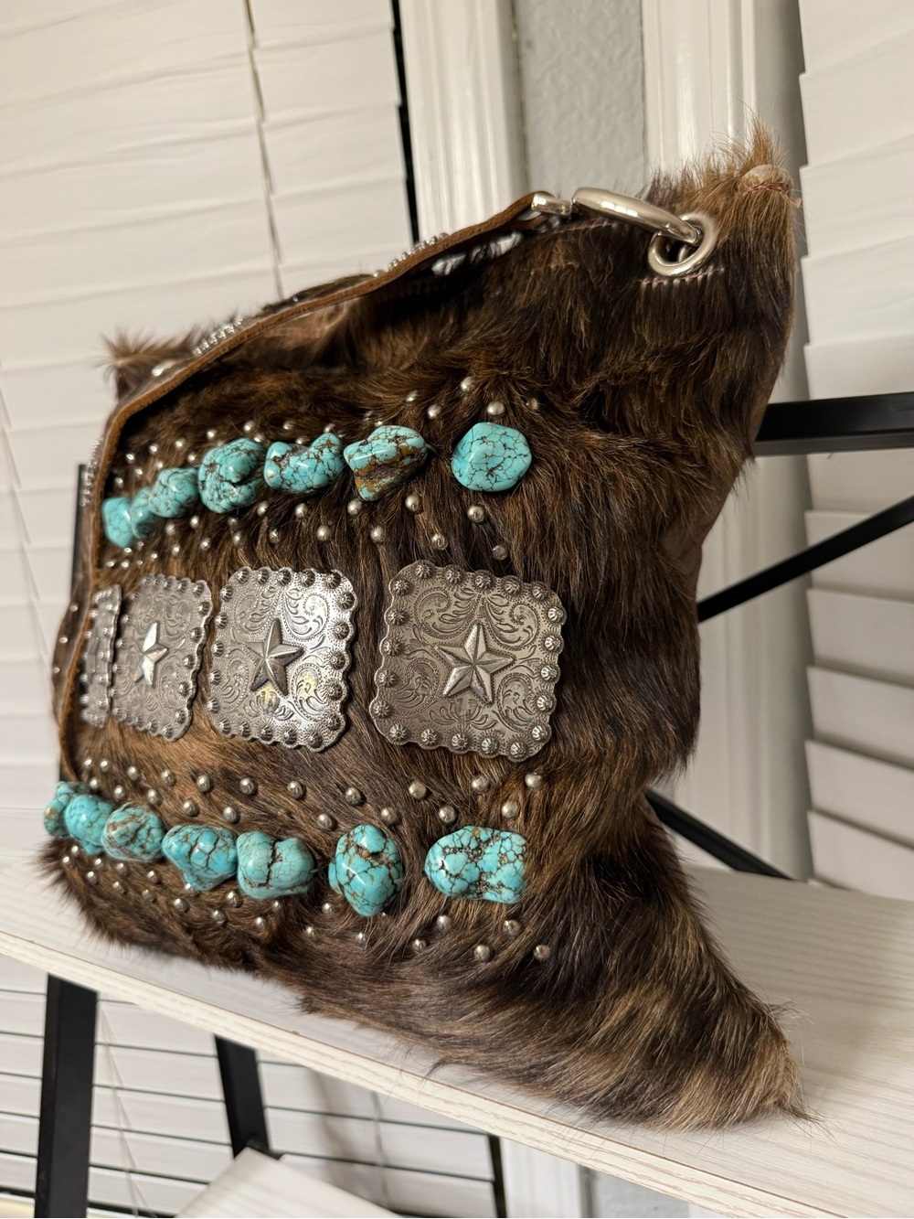 Faux Fur Brown Shoulder Bag with Turquoise Stone Accents - Picture 3 of 8